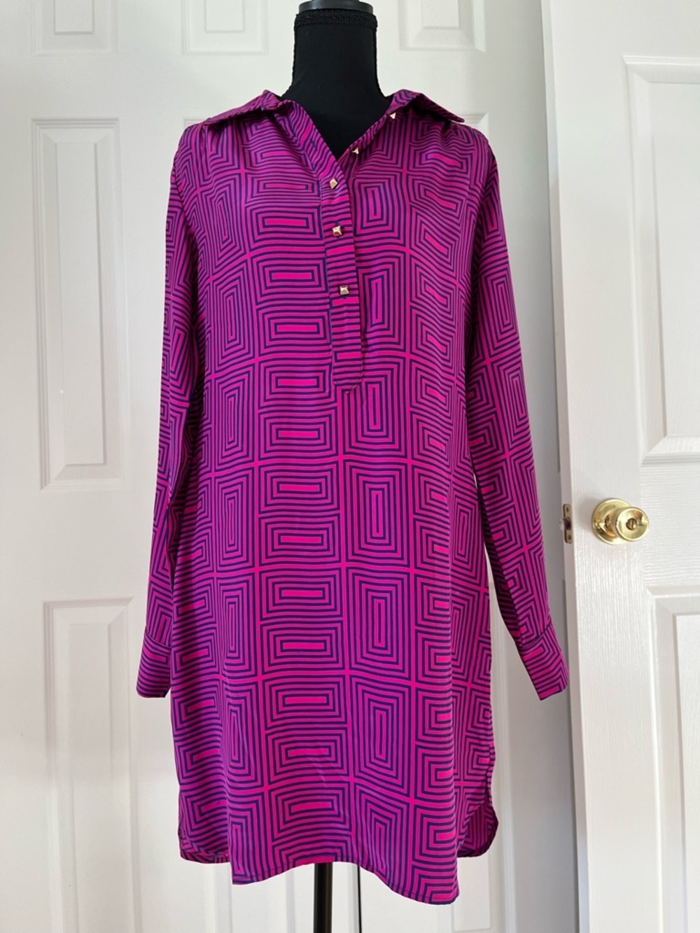 Britt Ryan Silk Tunic Dress Small Pink Navy Geometric